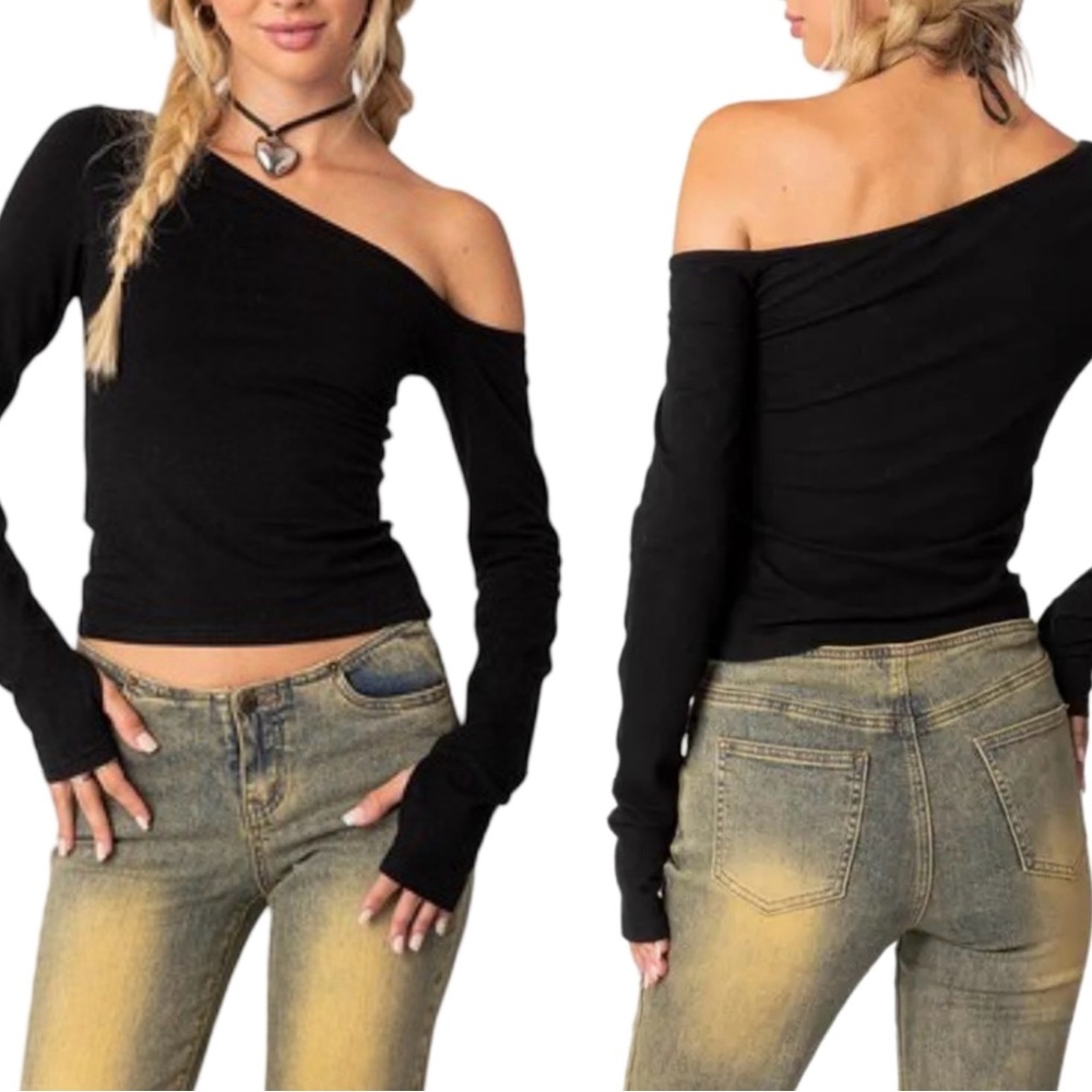 NWT!!! Edikted Swan Asymmetrical Off-Shoulder Long Sleeve Top in Black - Size XL